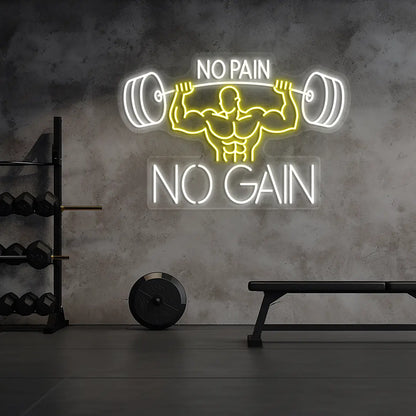 yellow and white no pain no gain bodybuilder neon sign mounted on a wall