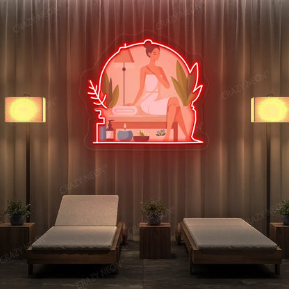 Spa Lounge Neon Artwork lighting up in red color in a spa room