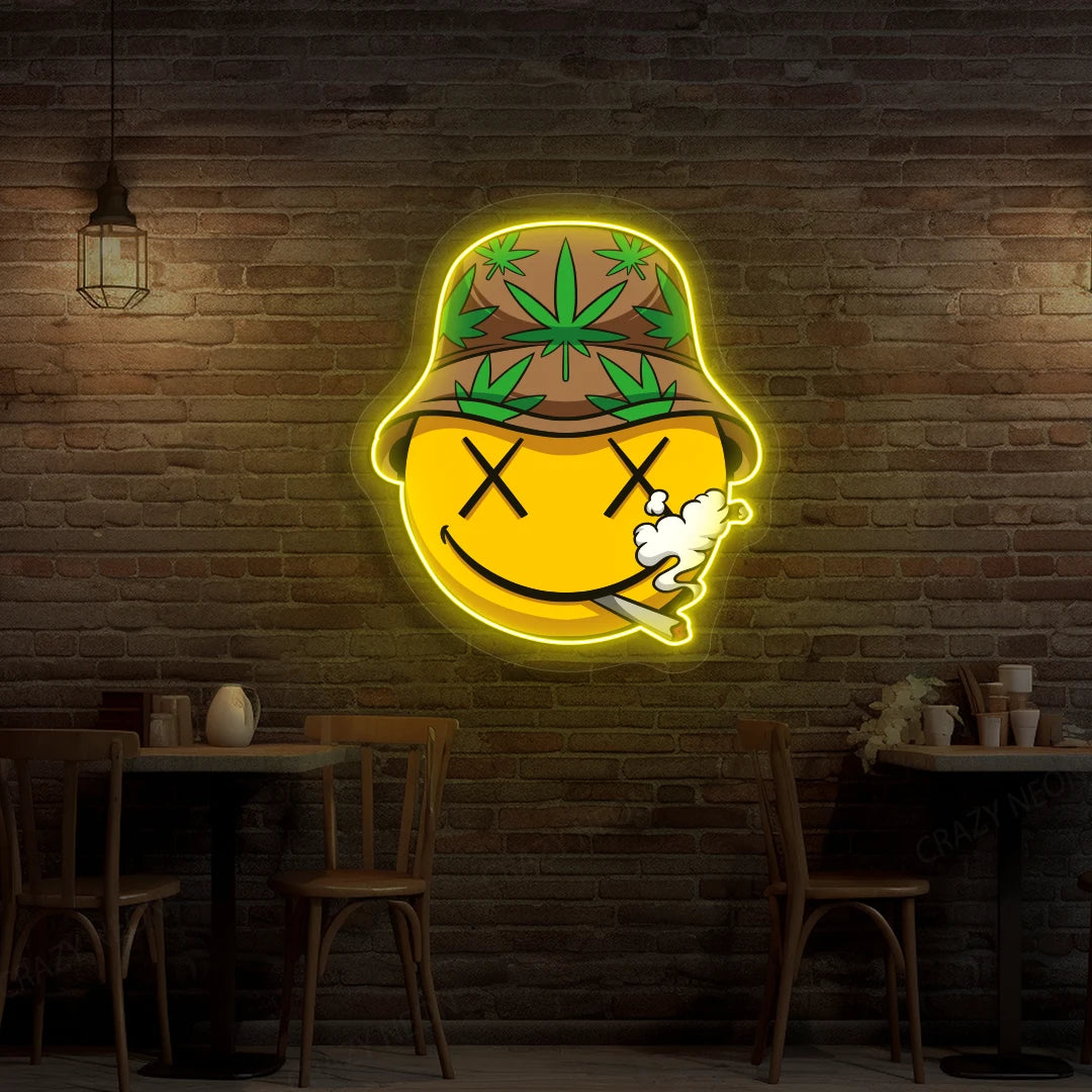 Smiley Stoner Weed Neon Artwork in yellow color