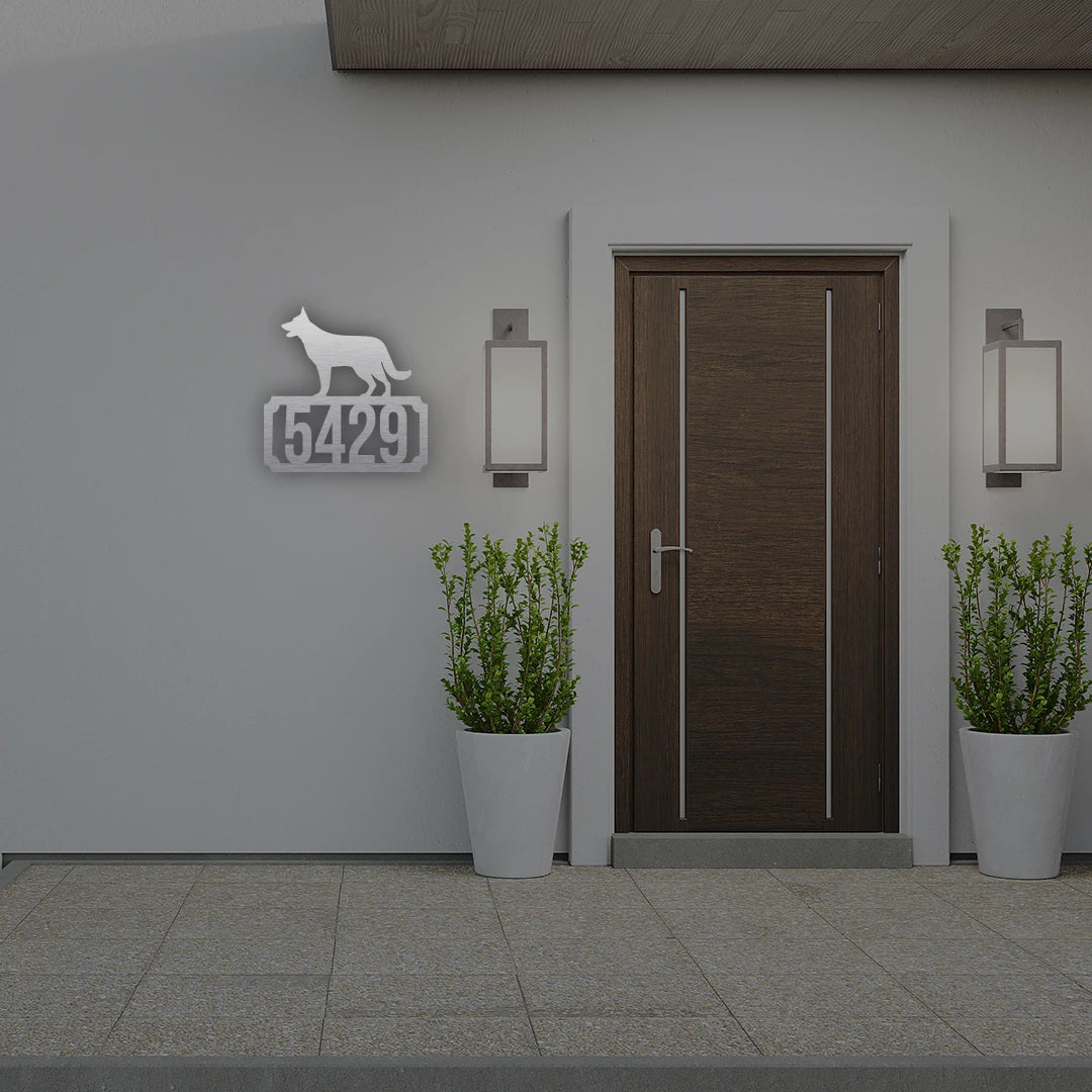 German Shepherd House Number Plate Custom Metal Monogram in silver finish