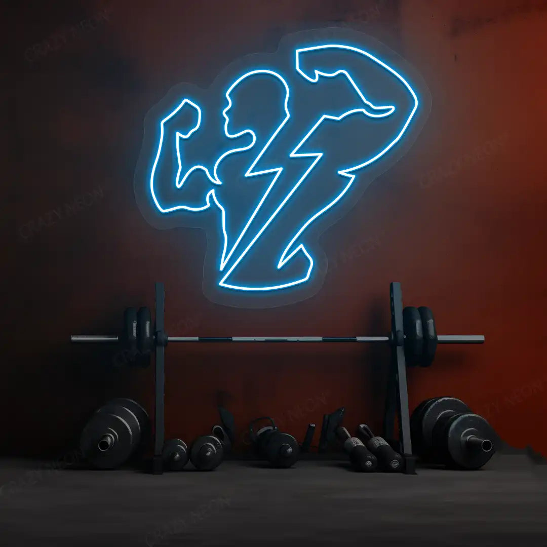 iceblue thunder bolt physique neon sign mounted on a wall