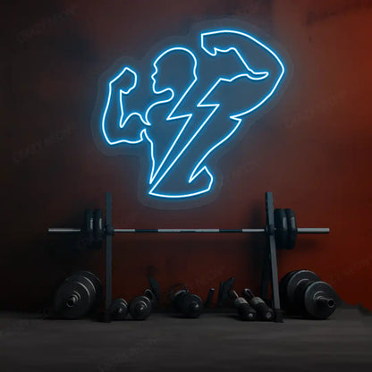 iceblue thunder bolt physique neon sign mounted on a wall