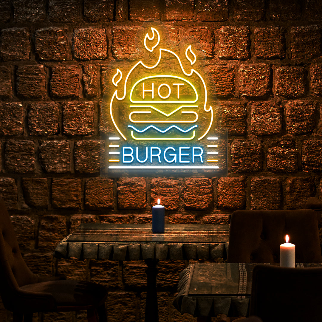 ice blue yellow orange and white hot burger neon sign mounted on a wall
