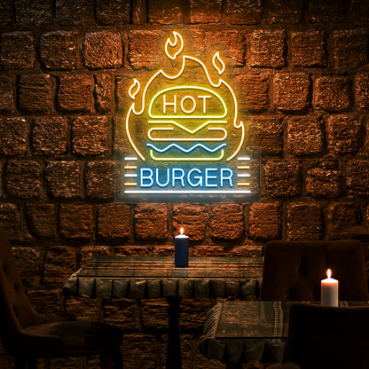 ice blue yellow orange and white hot burger neon sign mounted on a wall