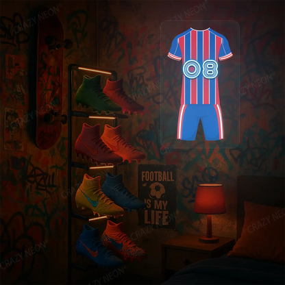 Red and blue striped football jersey neon artwork with number 08 glowing on a graffiti-covered wall