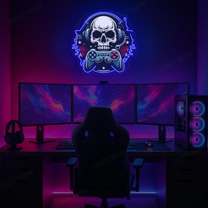 Gamer Skull Headphone Neon Artwork in Blue color