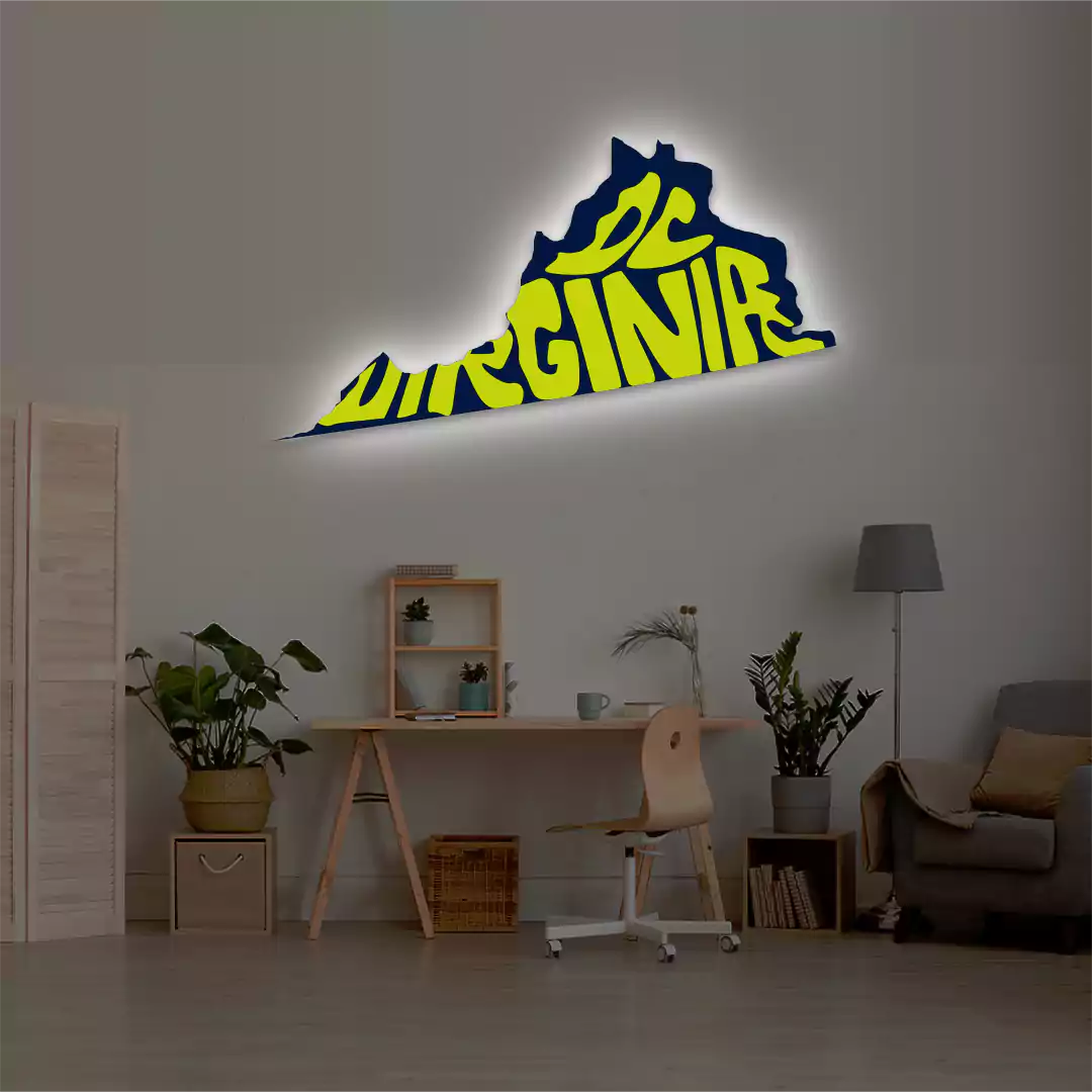 Virginia map backlit metal wall art vinyl print with warm white LED glow