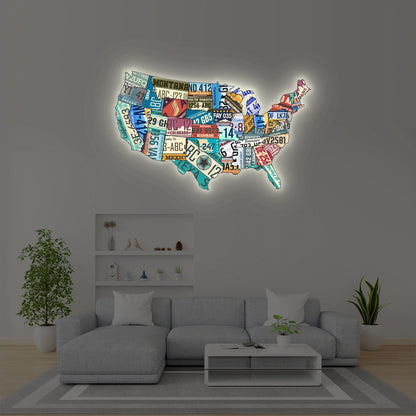 USA license plate map backlit metal wall art vinyl print with warm white LED glow