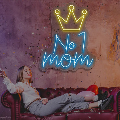 ice blue and yellow no 1 mom crown neon sign mounted on a wall