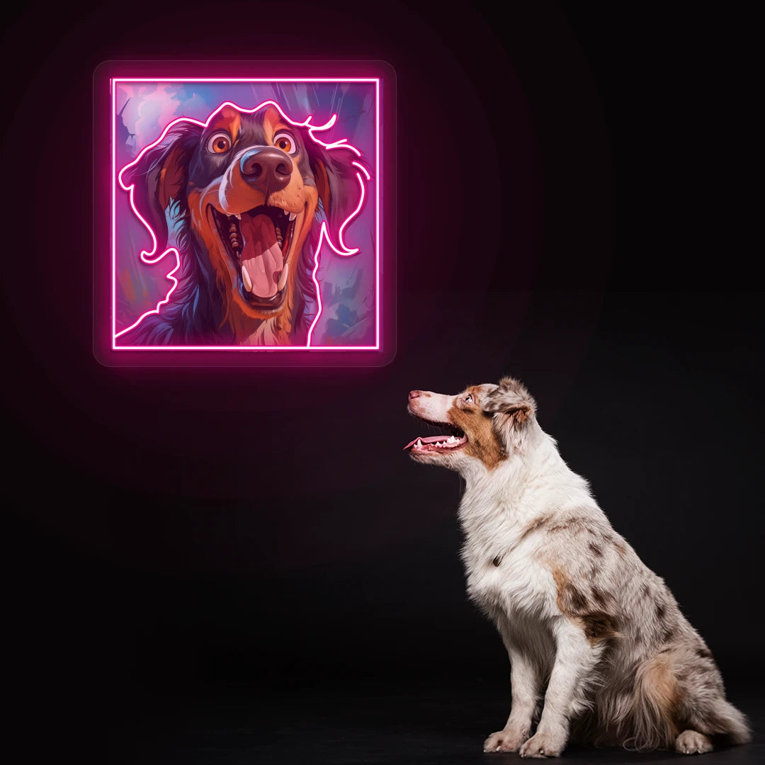 Happy Australian Shepherd Portrait Neon Artwork in pink Color