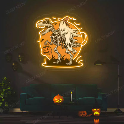 Spooky Dino Rider Neon Artwork | Orange