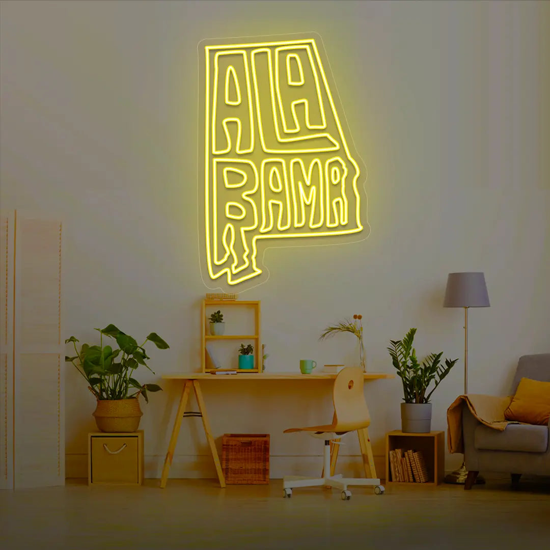 ALABAMA Map Neon Sign lighting up in yellow color in a room
