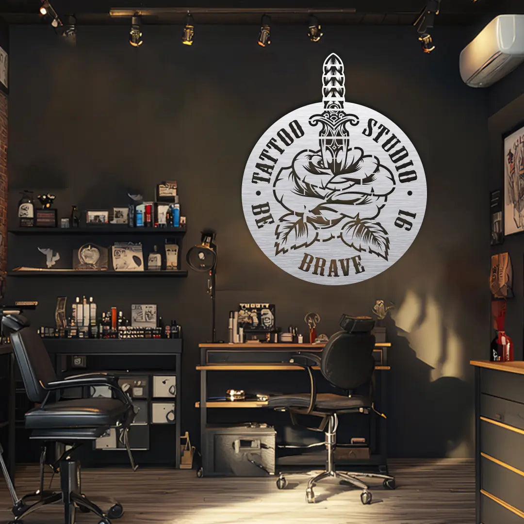 Rose Dagger Tattoo Studio Custom Metal Monogram in silver finish