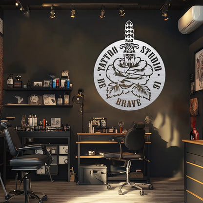 Rose Dagger Tattoo Studio Custom Metal Monogram in silver finish