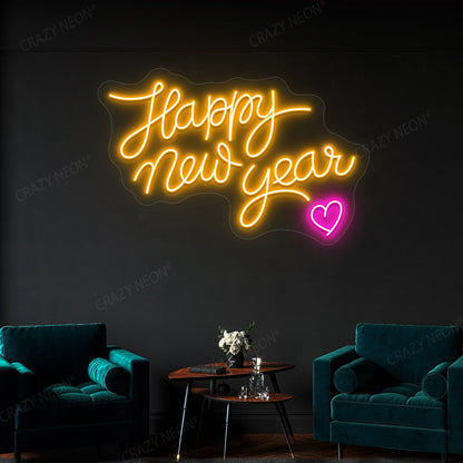 Happy New Year Heart Neon Sign | Orange 