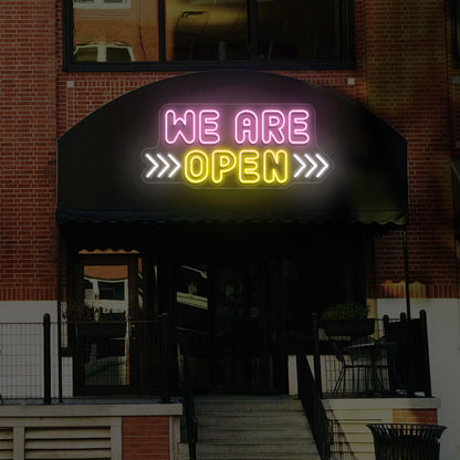 We Are Open Multicolor Sign with Horizontal Arrow