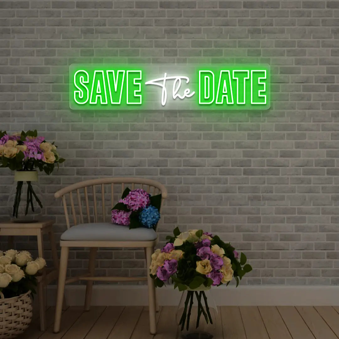 Save The Date Wedding Neon Sign in Green color