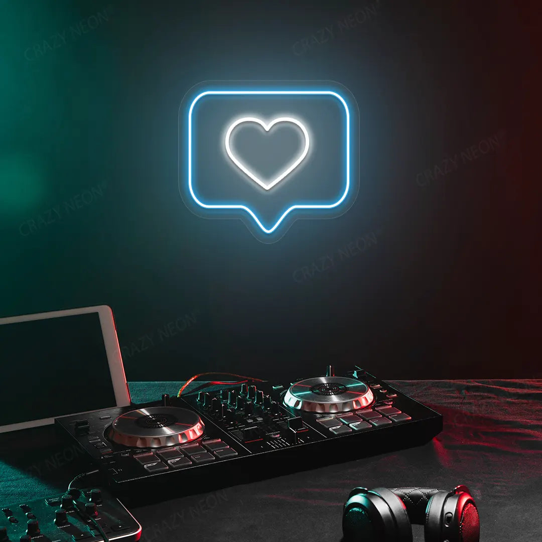 Like Heart Neon Sign in Ice Blue Color Mounted on a wall 