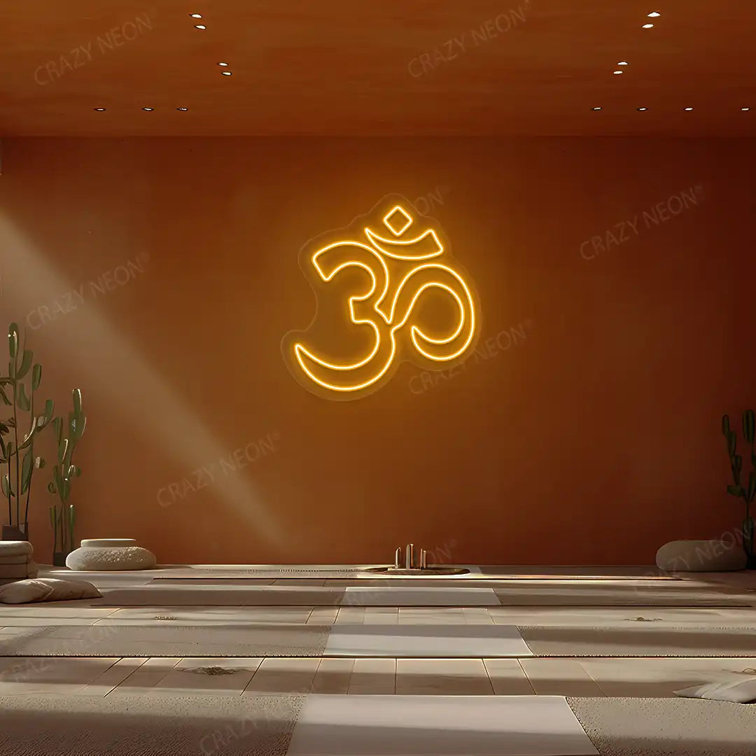 Om Symbol Neon Sign lighting up in orange color in a yoga room