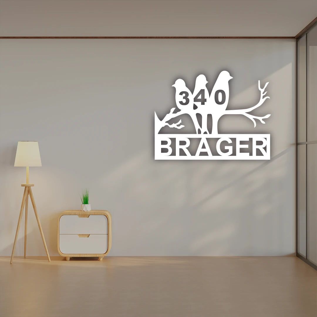 Bird Family House Number Name Custom Metal Monogram in White Color