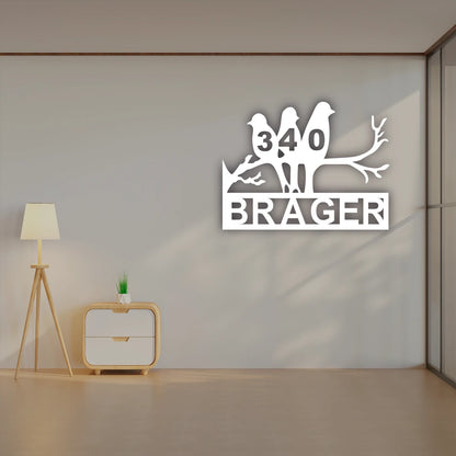 Bird Family House Number Name Custom Metal Monogram in White Color