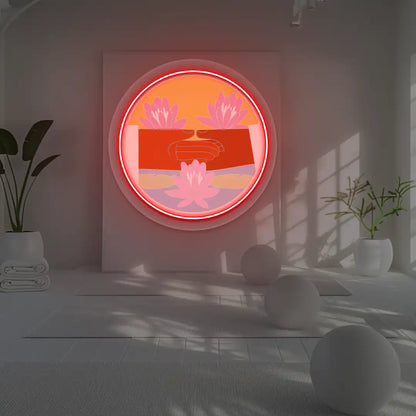 Dhyana Mudra Lotus Neon Artwork lighting up in red color in a yoga room
