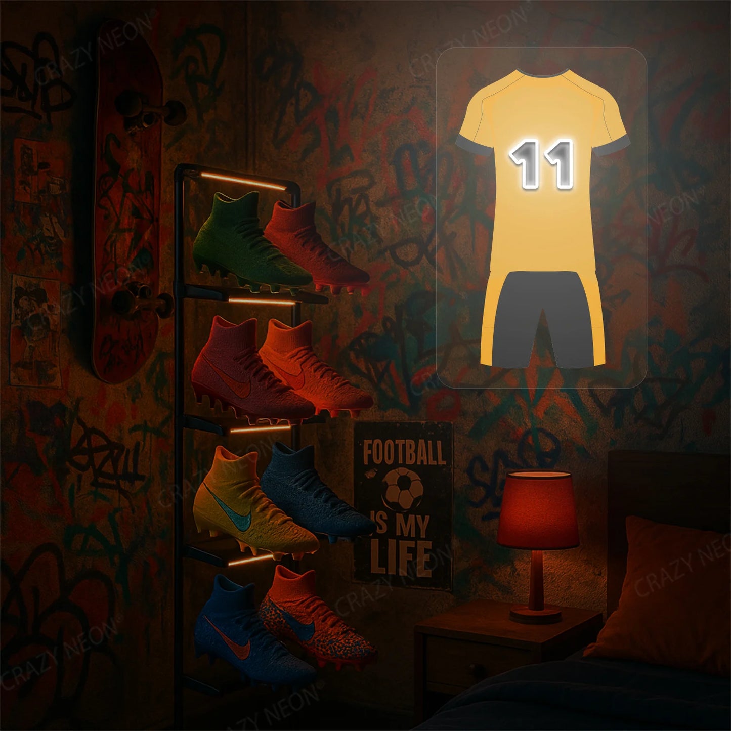 Yellow football jersey neon artwork with number 11 glowing on a wall
