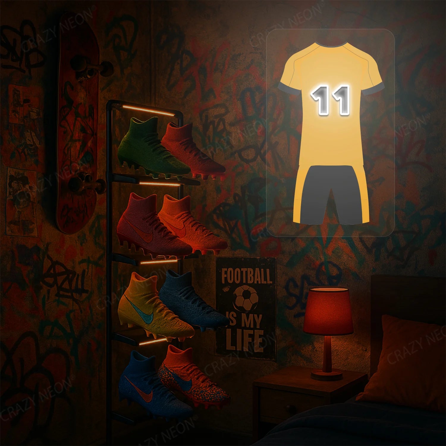 Yellow football jersey neon artwork with number 11 glowing on a wall