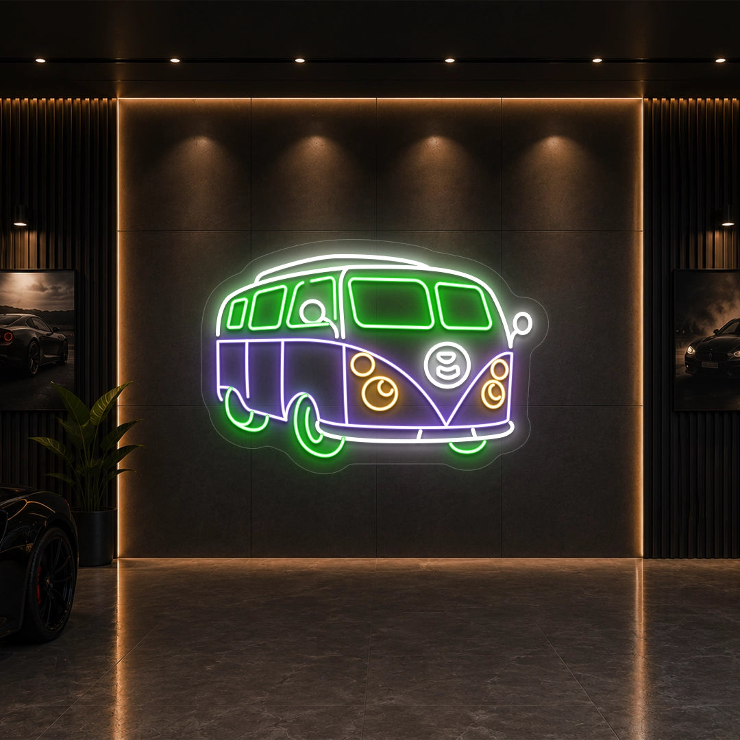 green purple and white camper van vintage neon sign mounted on a wall