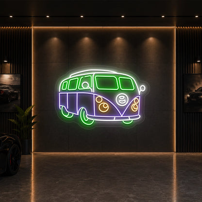 green purple and white camper van vintage neon sign mounted on a wall