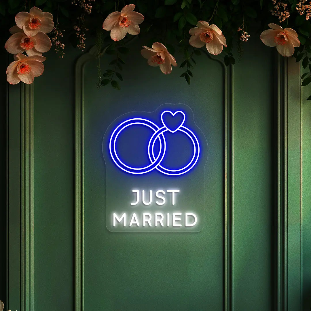 Just Married Rings Wedding Neon Sign in Blue color