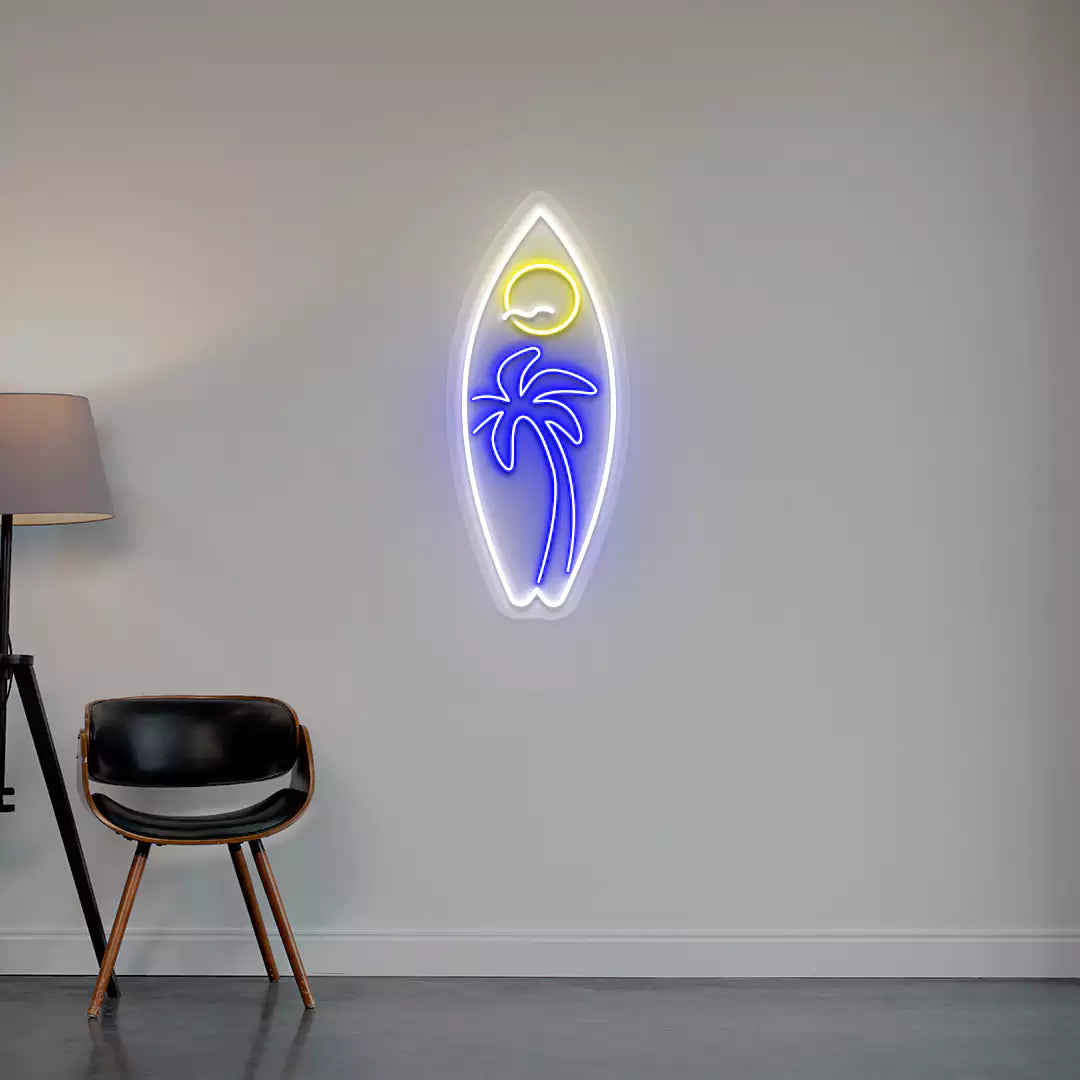 blue yellow and white tropical surfboard neon sign mounted on a wall