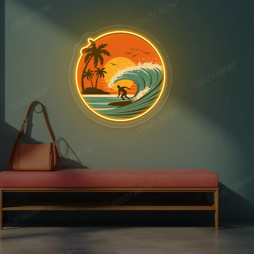 orange sunset surfer riding wave neon artwork mounted on a wall