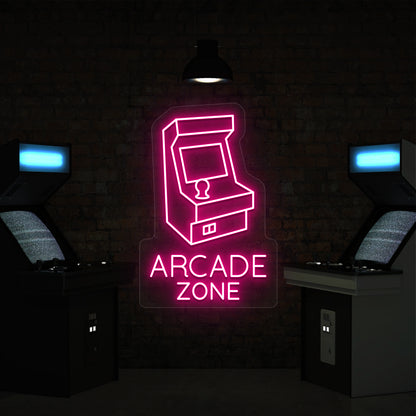 pink nostalgic arcade zone vintage neon sign mounted on a wall
