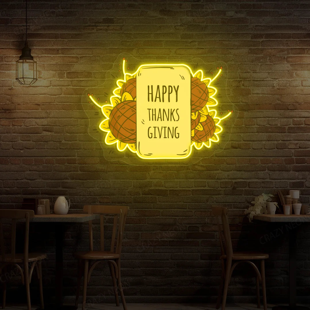 Happy thanksgiving sunflower neon sign in yellow