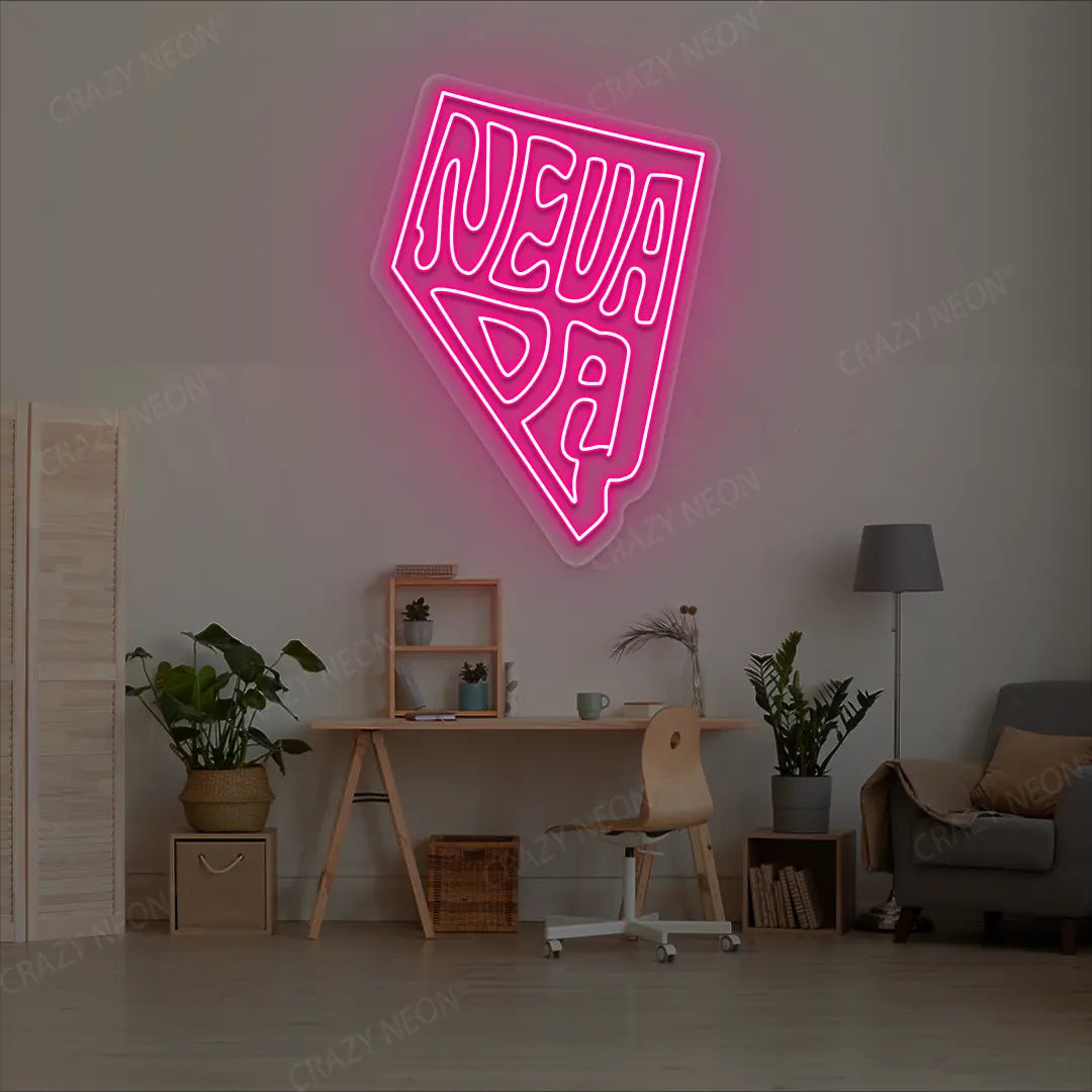 NEVADA Map Neon Sign lighting up in pink color in a room