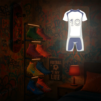 White and navy blue football jersey neon artwork with number 10 glowing on a graffiti-covered wall