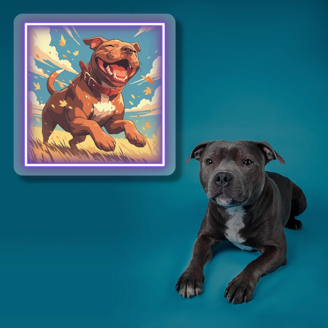 Happy Staffordshire Bull Terrier Portrait Neon Artwork in Purple color