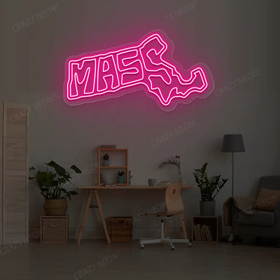 MASSACHUSETTS Map Neon Sign lighting up in pink color in a room