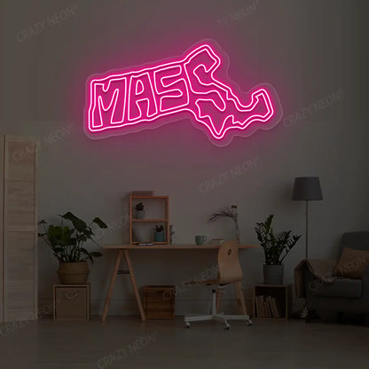 MASSACHUSETTS Map Neon Sign lighting up in pink color in a room