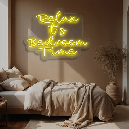yellow relax its bedroom time neon sign mounted on a wall