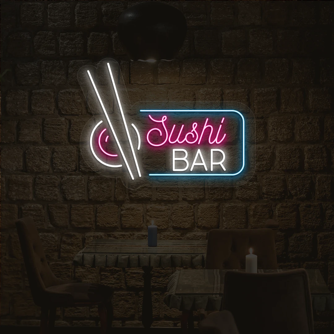 pink white and ice blue sushi bar neon sign mounted on a wall