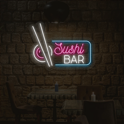 pink white and ice blue sushi bar neon sign mounted on a wall