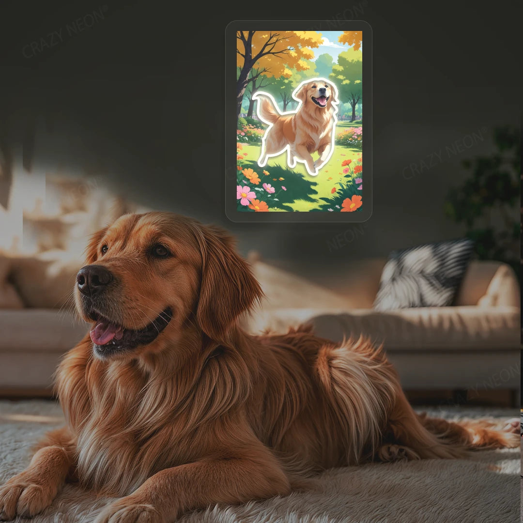 Golden Retriever Garden Portrait Neon Artwork in White color