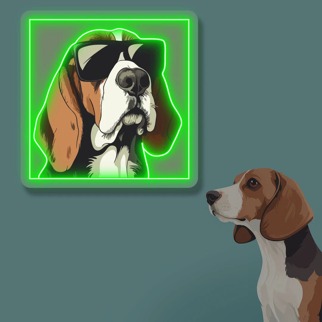 Cool Shades Beagle Portrait Neon Artwork in Green color