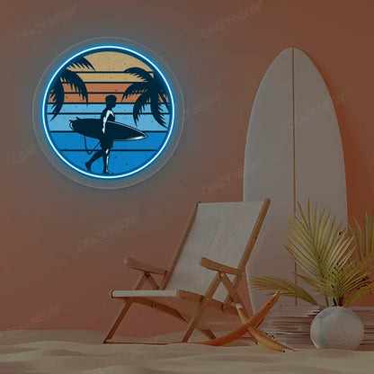 ice blue surfer silhouette tropical sunset neon artwork mounted on a wall