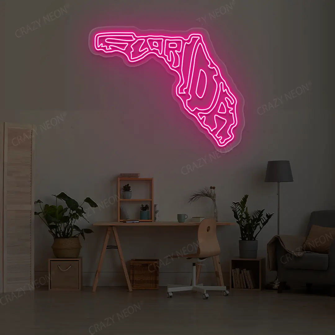 FLORIDA Map Neon Sign lighting up in pink color in a room