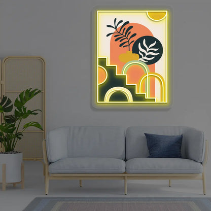 Boho Botanical Staircase Abstract Neon Artwork in yellow color