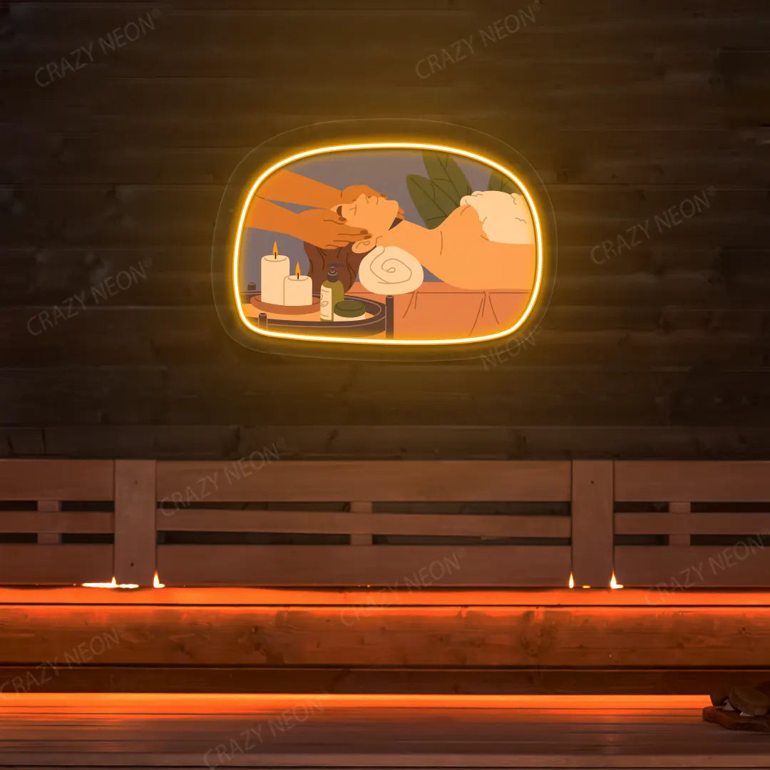 Relaxation Massage Neon Artwork lighting up in orange color on a wooden spa wall