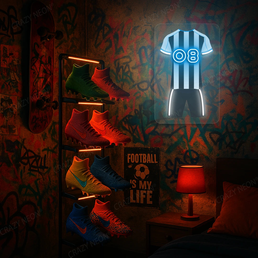 White and black striped football jersey neon artwork with number 08 glowing on a  graffiti-covered wall 